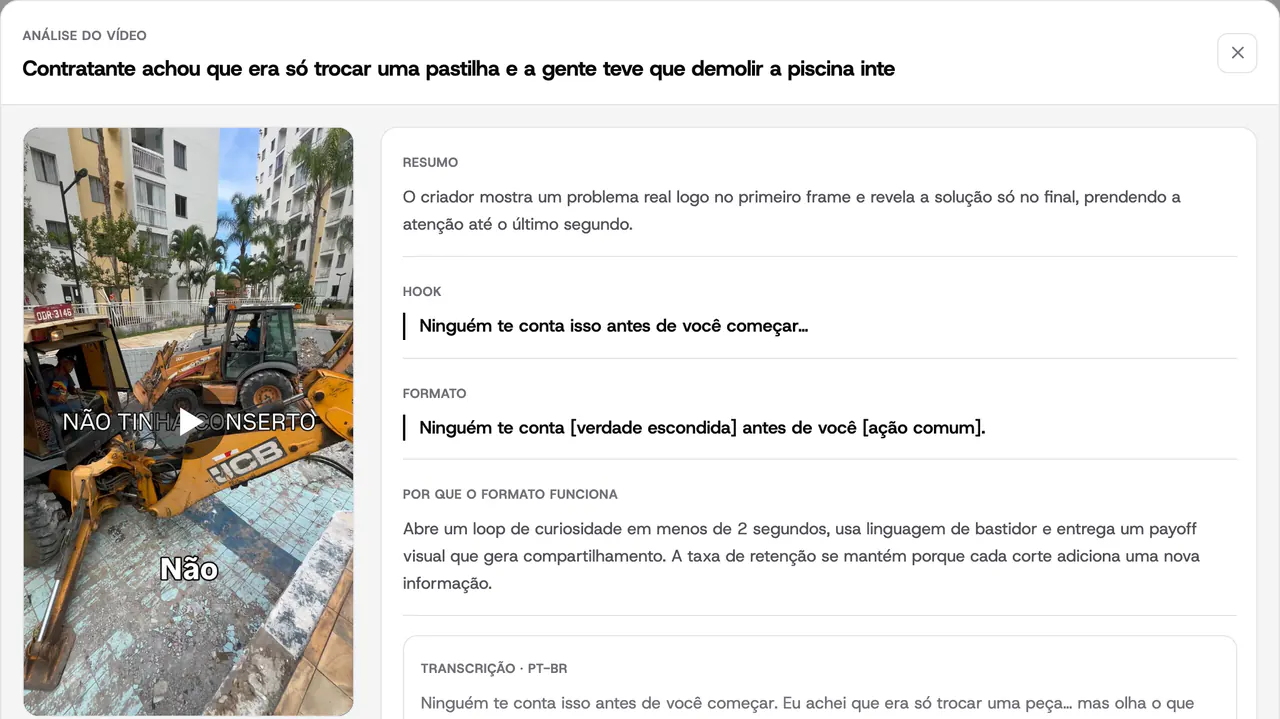 Análise de vídeo no VideoSpy com resumo, hook e formato