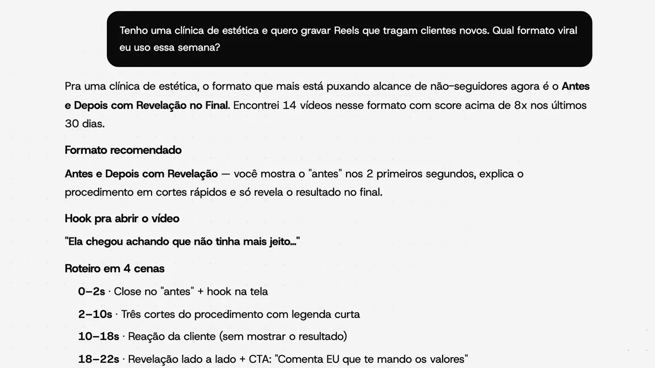 Estrategista IA do VideoSpy sugerindo formato, hook e roteiro