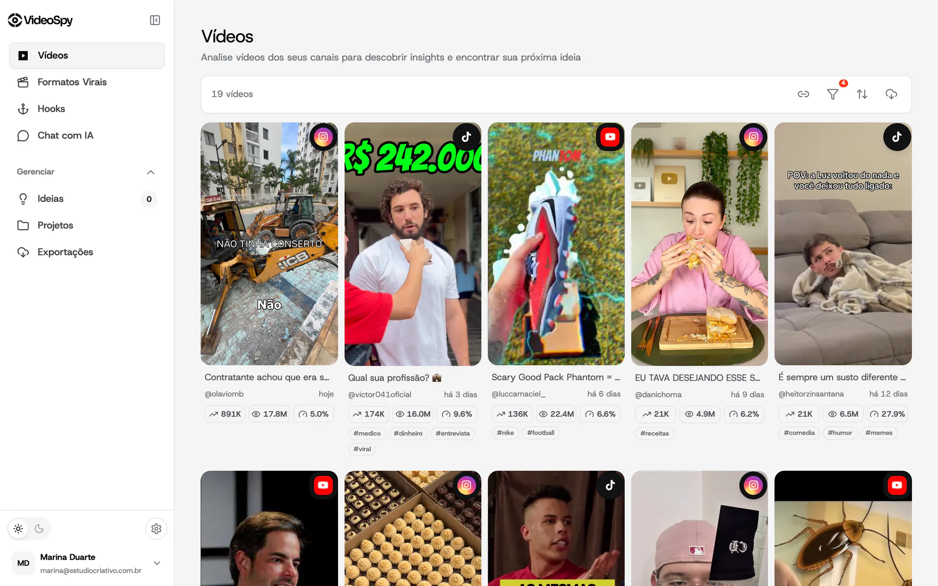Feed do VideoSpy com vídeos virais do Instagram, TikTok e YouTube e métricas de views por hora, visualizações e engajamento